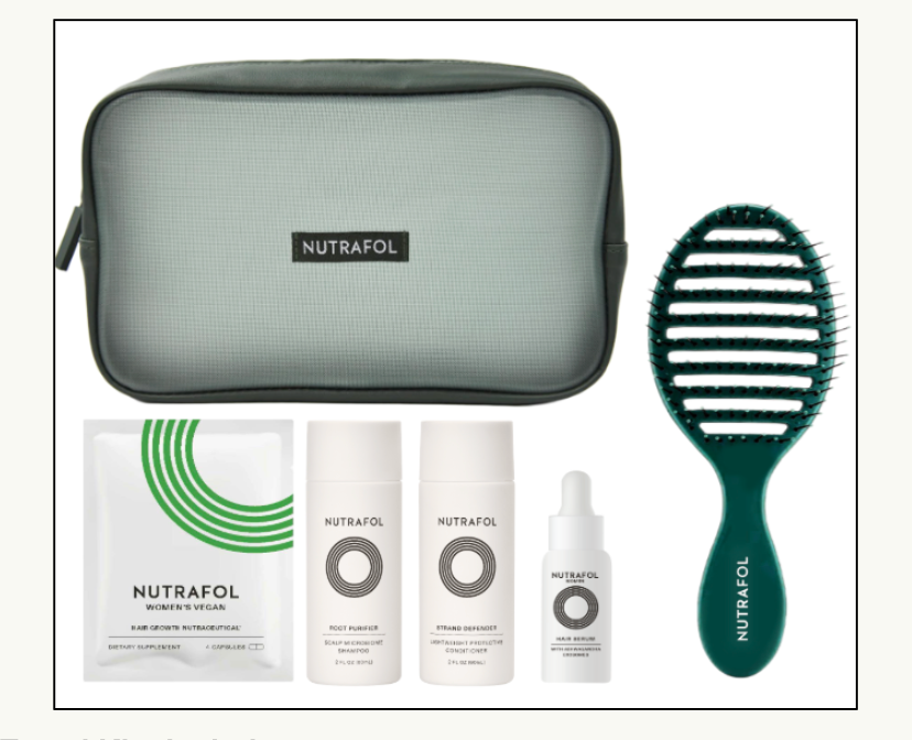 Nutrafol Women's Vegan Travel Kit: Brush, Shampoo, Conditioner, Women's Hair Serum, 7 Days Women's Vegan Vitamins and Zip Bag - $59 value