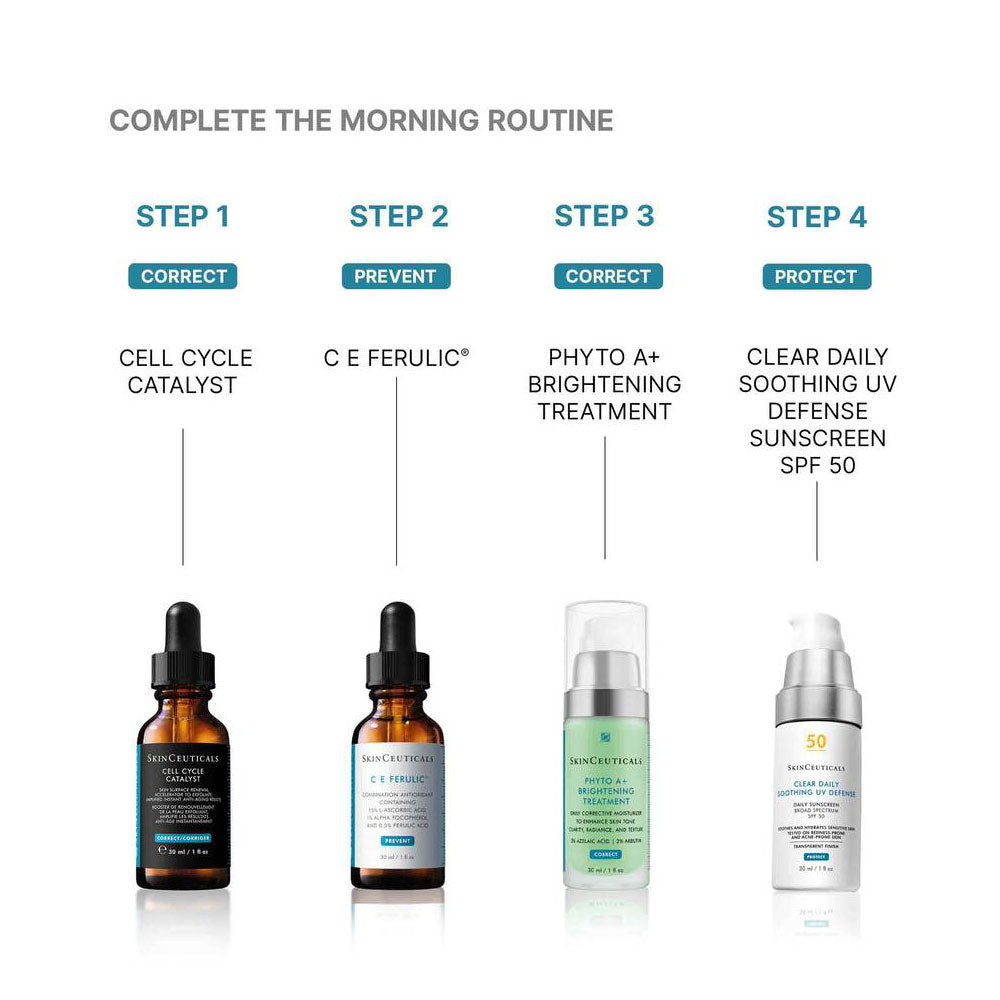 SkinCeuticals Clear Daily Soothing UV Sunscreen suggested regimen with Cell Catalyst, C E Ferulic, Phyto-A Brightening Treatment