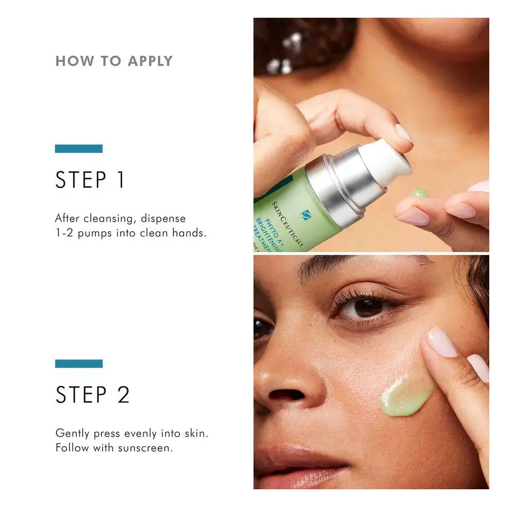 Skinceuticals Phyto A+ brightening treatment on skin and showing model applying it on skin