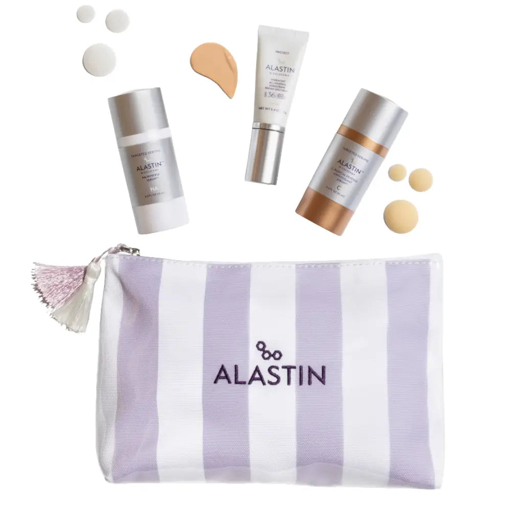 Alastin Radiance Travel Size Reset Kit: HA Intensifier 0.5 oz, HydraTint 0.4 oz, C-Radical 0.5 oz in Striped Zip Bag [$214 value]