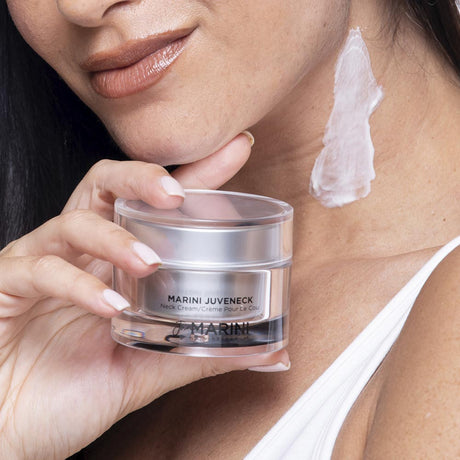 Jan Marini Juveneck Neck Cream jar and model with swatch