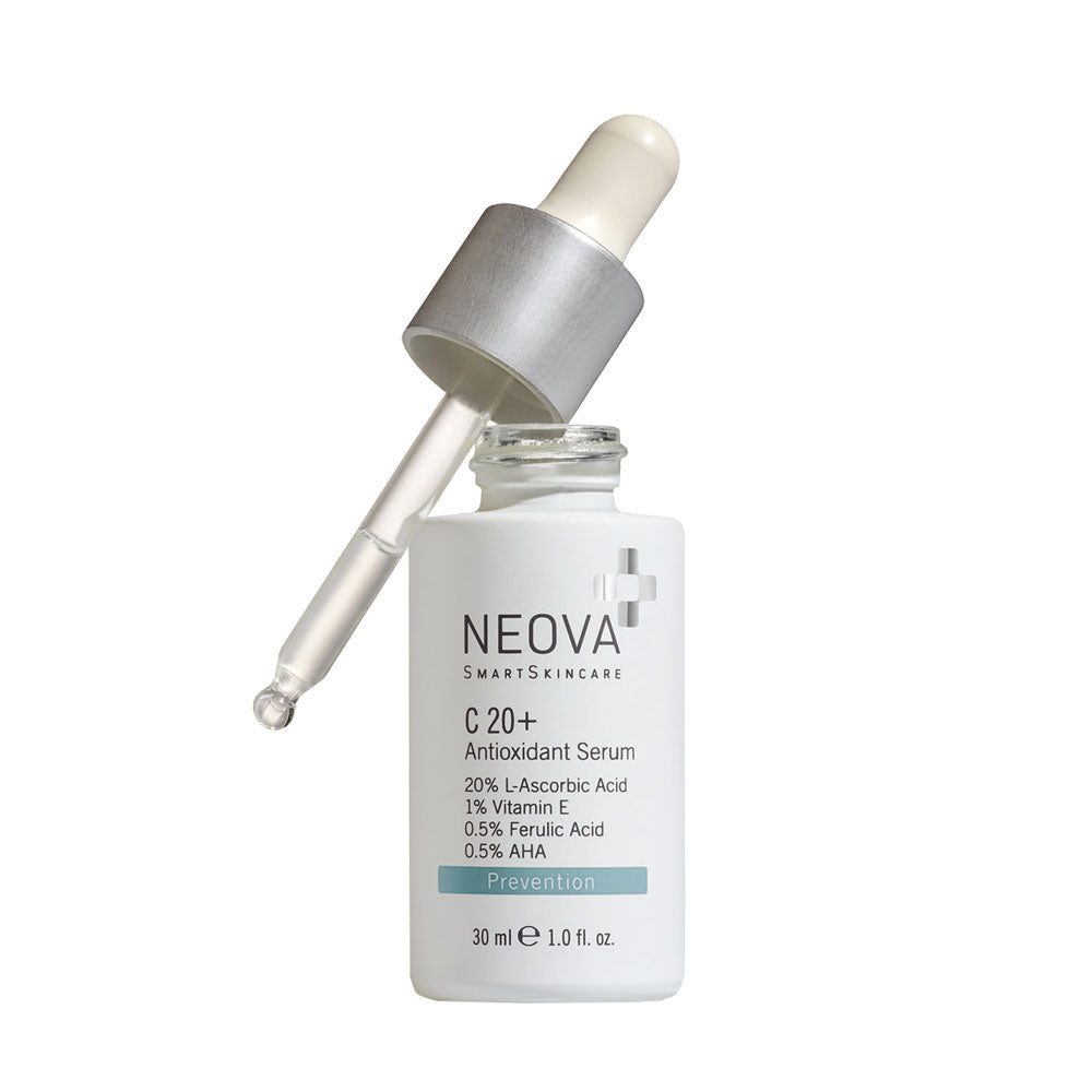 Neova C 20 + Antioxidant Serum open bottle with dropper