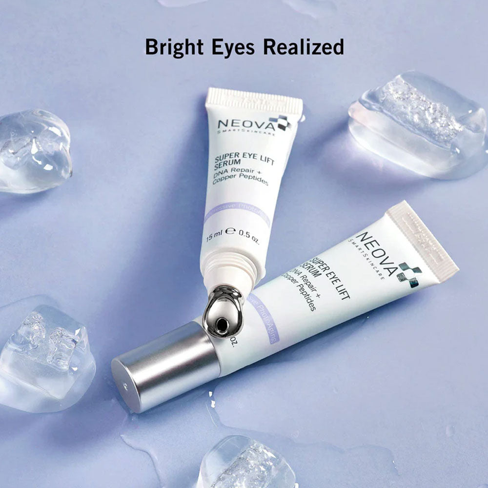 Neova Super Eye Lift Serum tubes in blue background