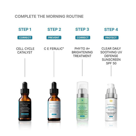SkinCeuticals Clear Daily Soothing UV Sunscreen suggested regimen with Cell Catalyst, C E Ferulic, Phyto-A Brightening Treatment