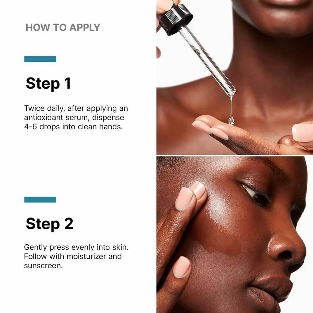Model is applying a drop of SkinCeuticals P-TIOX Anti-wrinkle serum