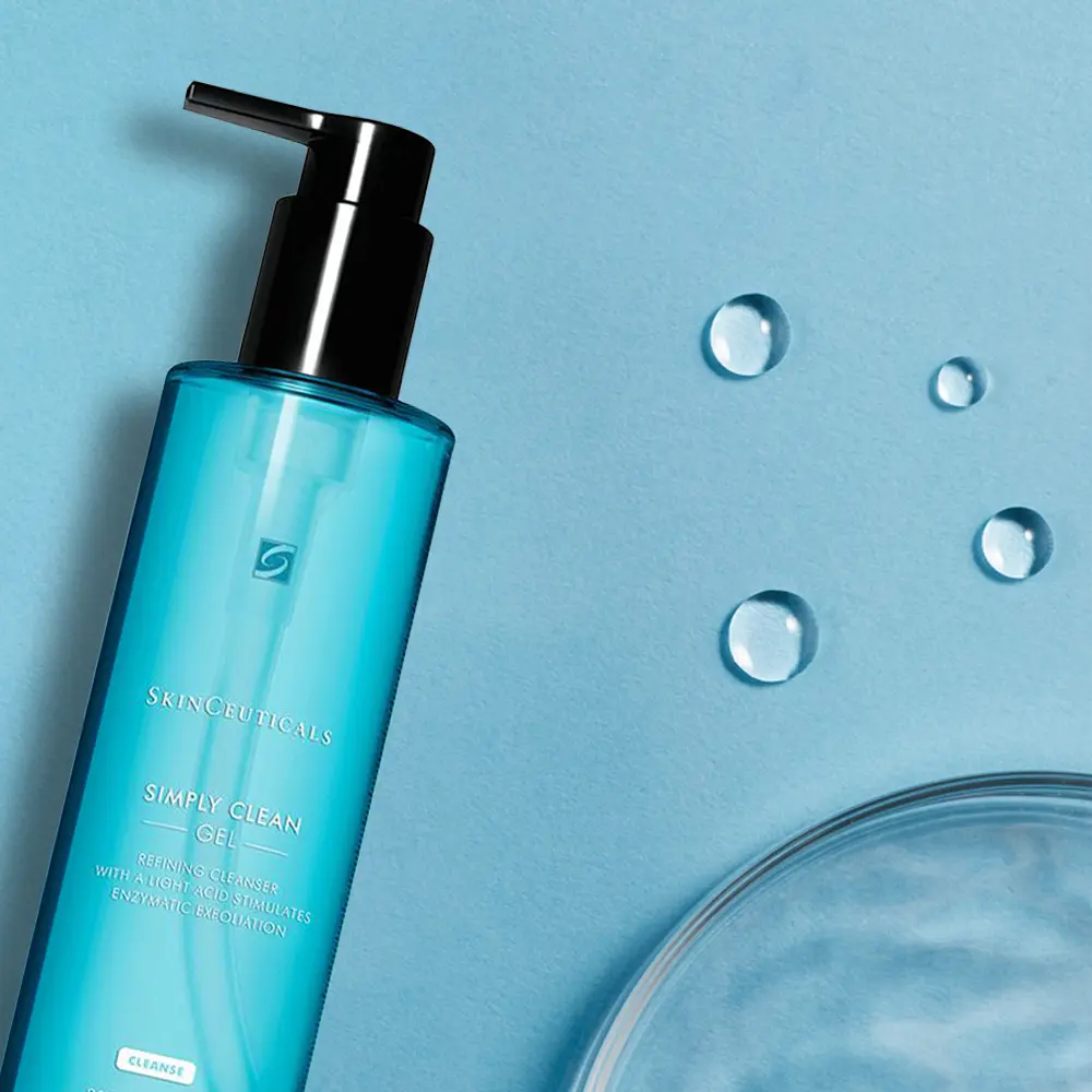 SkinCeuticals Simply Clean Cleanser bottle in blue background